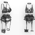 Black Lace Lingerie Set With Sexy Bra Panty And Garter Belt Design