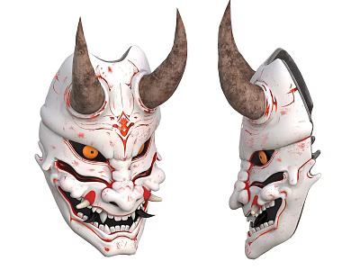 Traditional Japanese Style Decorative Ornament Set With White Horned Masks Red Details And Yellow Eyes 3d model