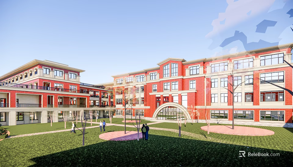 Red Brick School Building With Multi Story Structure Arched Entrance And Green Lawn 3d model 