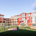 Red Brick School Building With Multi Story Structure Arched Entrance And Green Lawn