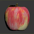 Fresh Red and Yellow Striped Apple with Green Leaf and Stem on Dark Background