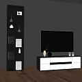 Modern White And Black TV Stand With TV Decorative Items Dark Wall Wooden Floor