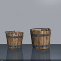 Two Light Wood Buckets With Metal Hoops On Gray Floor Against Light Gray Wall