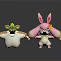 Plant Themed Cartoon Characters White With Green Leaves And Pink With Yellow Flower