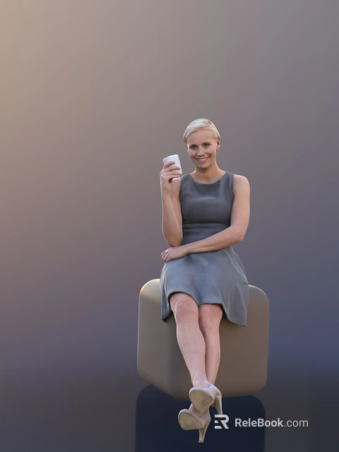 Smiling Woman In Gray Sleeveless Dress Holding White Cup Sitting On Chair 3d model 