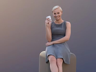 Smiling Woman In Gray Sleeveless Dress Holding White Cup Sitting On Chair 3d model