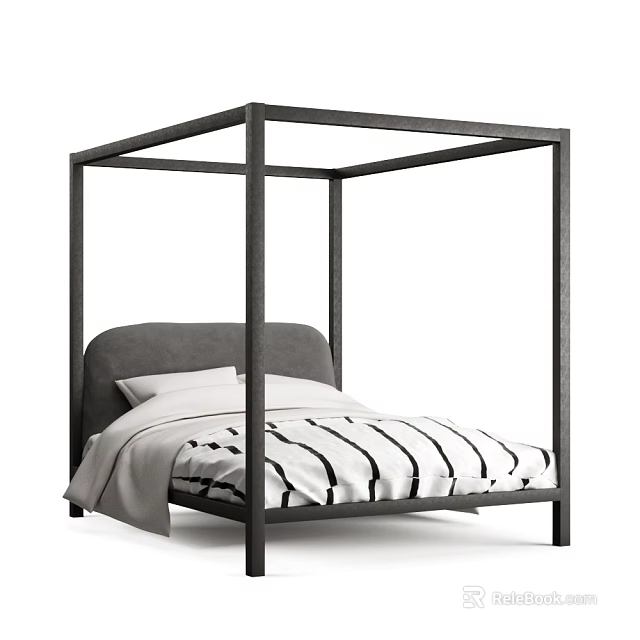 Double Bed with Black Four Poster Frame Gray Headboard and White Black Striped Bedspread 3d model 