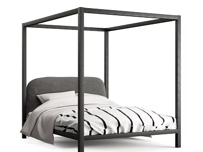 Double Bed with Black Four Poster Frame Gray Headboard and White Black Striped Bedspread 3d model