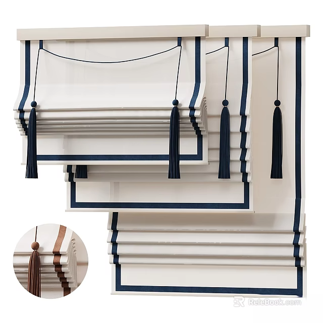 Elegant White Layered Curtains with Navy Trim Tassel Decoration Various Color Options 3d model 