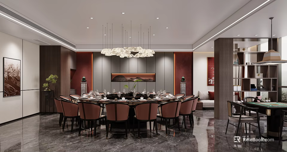 Luxurious Private Dining Room Interior With Round Table And Chandelier 3d model