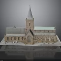 Church Model With Red Brick Structure Gray Spire Green Roof And Windows On Base