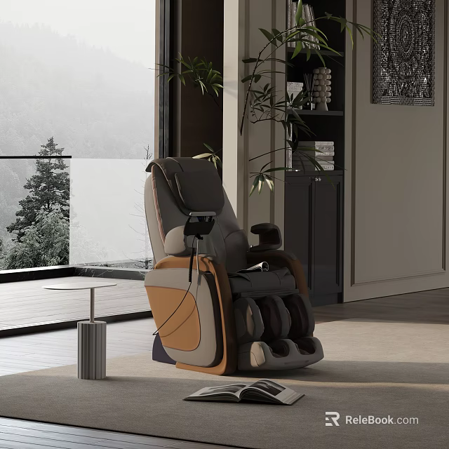 Gray And Brown Massage Recliner Chair With Natural View By Floor To Ceiling Windows 3d model 