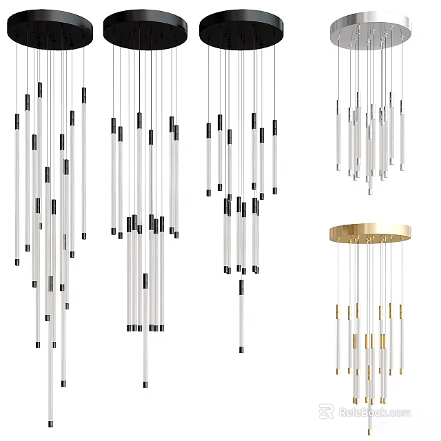 Modern Chandeliers With Metal Rods Black White Accents And Gold Base Design 3d model 