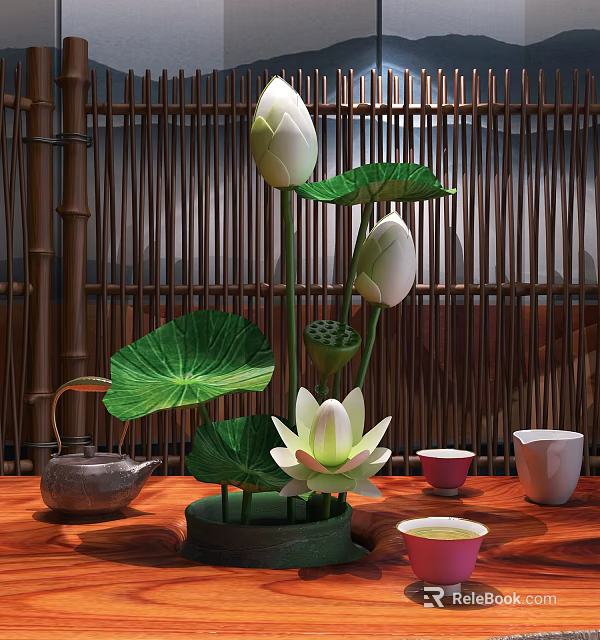 Blooming White Lotus Flowers In Vase With Green Leaves Buds Bamboo Screen And Teapot 3d model 