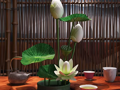 Blooming White Lotus Flowers In Vase With Green Leaves Buds Bamboo Screen And Teapot 3d model