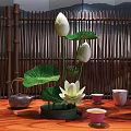 Blooming White Lotus Flowers In Vase With Green Leaves Buds Bamboo Screen And Teapot