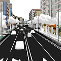 Commercial Landscape Urban Street With Tall Buildings Trees Vehicles And Shops Along Lanes