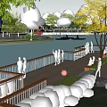 Waterfront Landscape With Wooden Boardwalk Curved Paths People Walking And Lakeside Green Trees