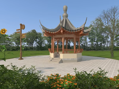 Chinese Style Pavilion In Park With Green Plants Sunflowers And Tiled Ground 3d model
