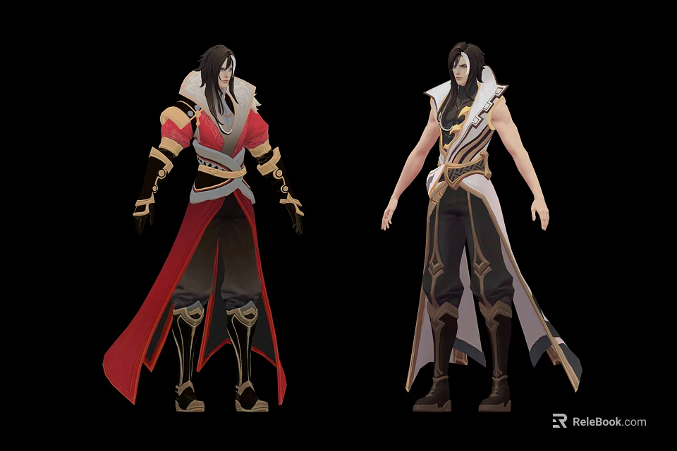 Two Fantasy Character Costume Designs With Red Long Robe And White Sleeveless Golden Decorations 3d model 