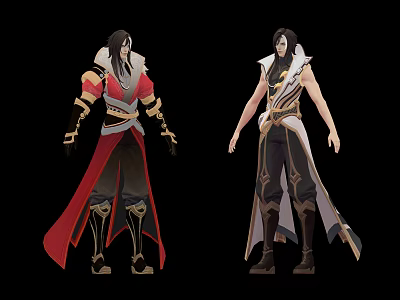 Two Fantasy Character Costume Designs With Red Long Robe And White Sleeveless Golden Decorations 3d model