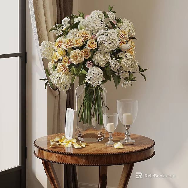 Vase with White and Yellow Flowers on Wooden Table with Petals Tall Glasses and Card 3d model 