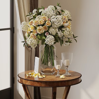 Vase with White and Yellow Flowers on Wooden Table with Petals Tall Glasses and Card 3d model