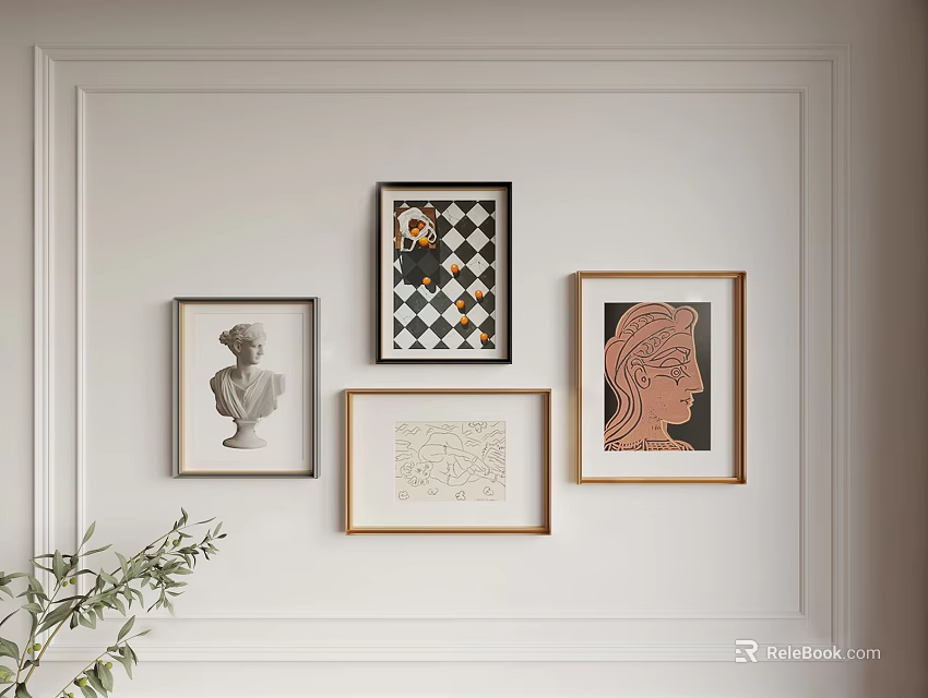 Wall Decor with Framed Artworks Sculpture and Geometric Patterns on White Wall 3d model