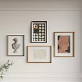 Wall Decor with Framed Artworks Sculpture and Geometric Patterns on White Wall 3d model