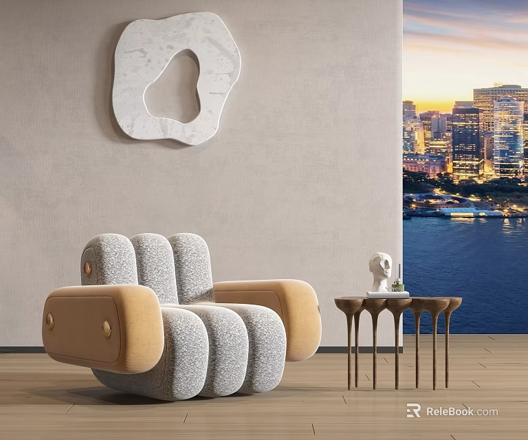 Modern Curved Sofa Coffee Table Set With Gray Beige Upholstery And Marble Wall Art 3d model 