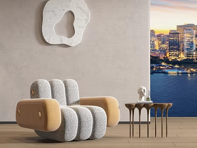 Modern Curved Sofa Coffee Table Set With Gray Beige Upholstery And Marble Wall Art 3d model