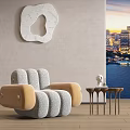 Modern Curved Sofa Coffee Table Set With Gray Beige Upholstery And Marble Wall Art