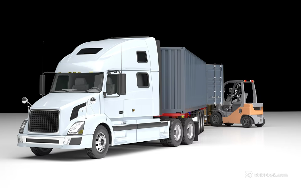 White Semi Truck With Gray Trailer And Yellow Forklift In Transportation Scene 3d model 