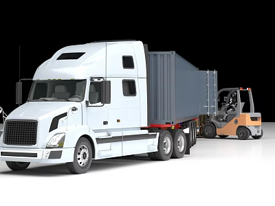 White Semi Truck With Gray Trailer And Yellow Forklift In Transportation Scene 3d model