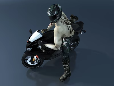 Black Sporty Motorcycle With Helmeted Person Tattoos Camouflage Pants And Boots 3d model
