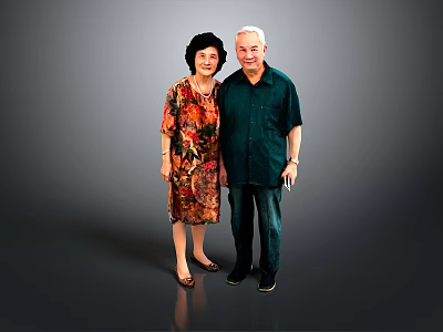 Elderly Man In Dark Green Shirt Standing With Woman In Floral Dress Against Gray Background 3d model