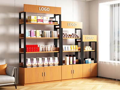 Wooden Retail Display Shelves With Black Frames Displaying Various Products And LOGO Signs 3d model