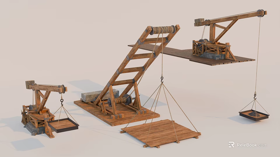 Ancient Wooden Crane Machinery With Lifting Platforms And Mechanical Structures 3d model 