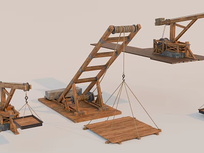 Ancient Wooden Crane Machinery With Lifting Platforms And Mechanical Structures 3d model