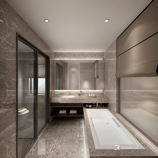 Modern Hotel Bathroom Interior With Marble Walls Glass Shower Double Vanity And Bathtub 3d model 