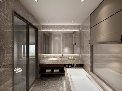 Modern Hotel Bathroom Interior With Marble Walls Glass Shower Double Vanity And Bathtub 3d model
