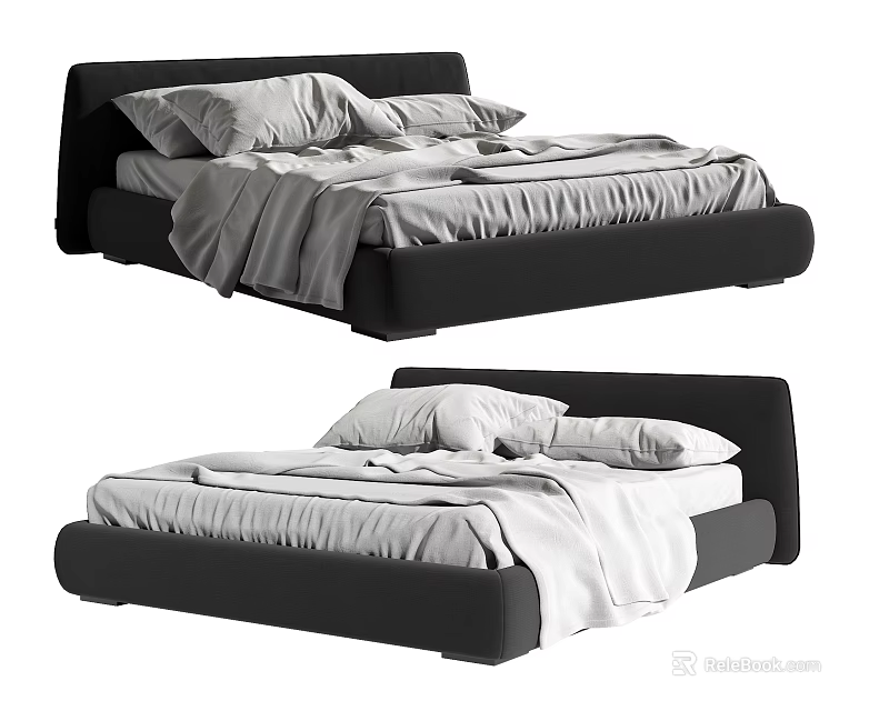 Modern Double Bed Design With Black Frame White Sheets And Pillows 3d model 