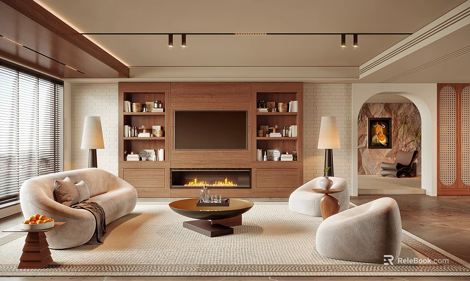 Cozy Living Room Interior With Wooden TV Cabinet Fireplace And Beige Sofas 3d model 