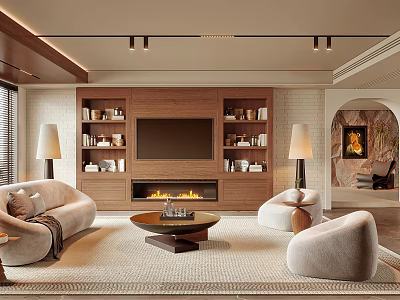 Cozy Living Room Interior With Wooden TV Cabinet Fireplace And Beige Sofas 3d model