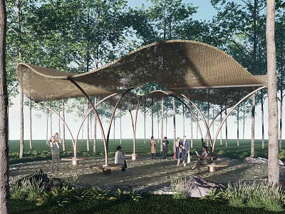 Industrial Equipment Large Wave Shaped Canopy In Outdoor Park With Trees And People 3d model