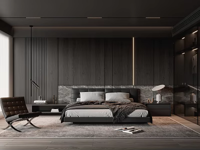 Modern Bedroom Interior With Dark Wood Wall Paneling Bed Nightstand Lamp Chair And Area Rug 3d model