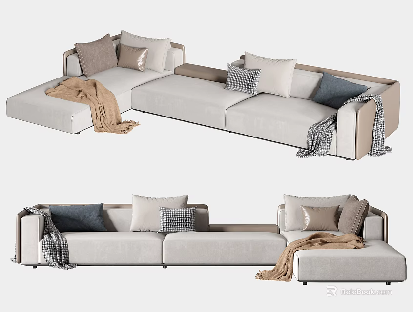 Modern Beige Sectional Sofa With Mixed Color Cushions And Throw Blankets 3d model 