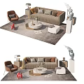 Elegant Modern Sofa Coffee Table Set With Decorative Pillows Round Table And Area Rug 3d model