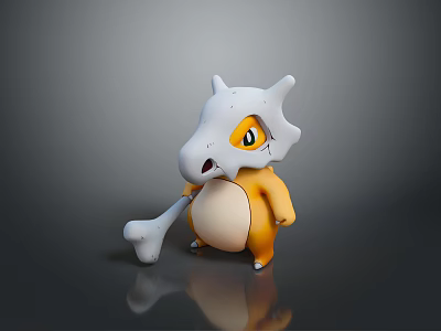 Cartoon Character With White Skull Yellow Body Holding Bone Standing On Dark Background With Reflection 3d model