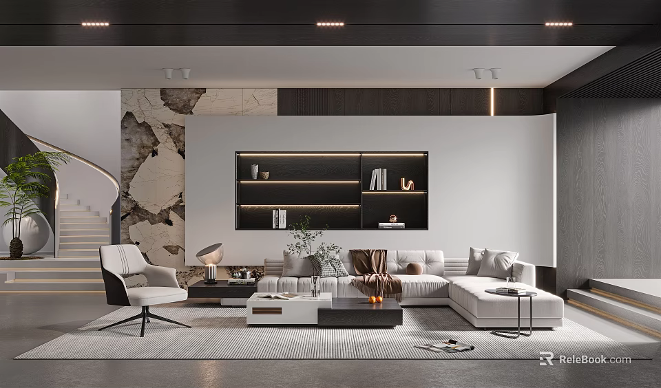 Modern Living Room With L-shaped Sofa Wall-mounted Bookshelf Coffee Table And Marble Wall Rug 3d model 